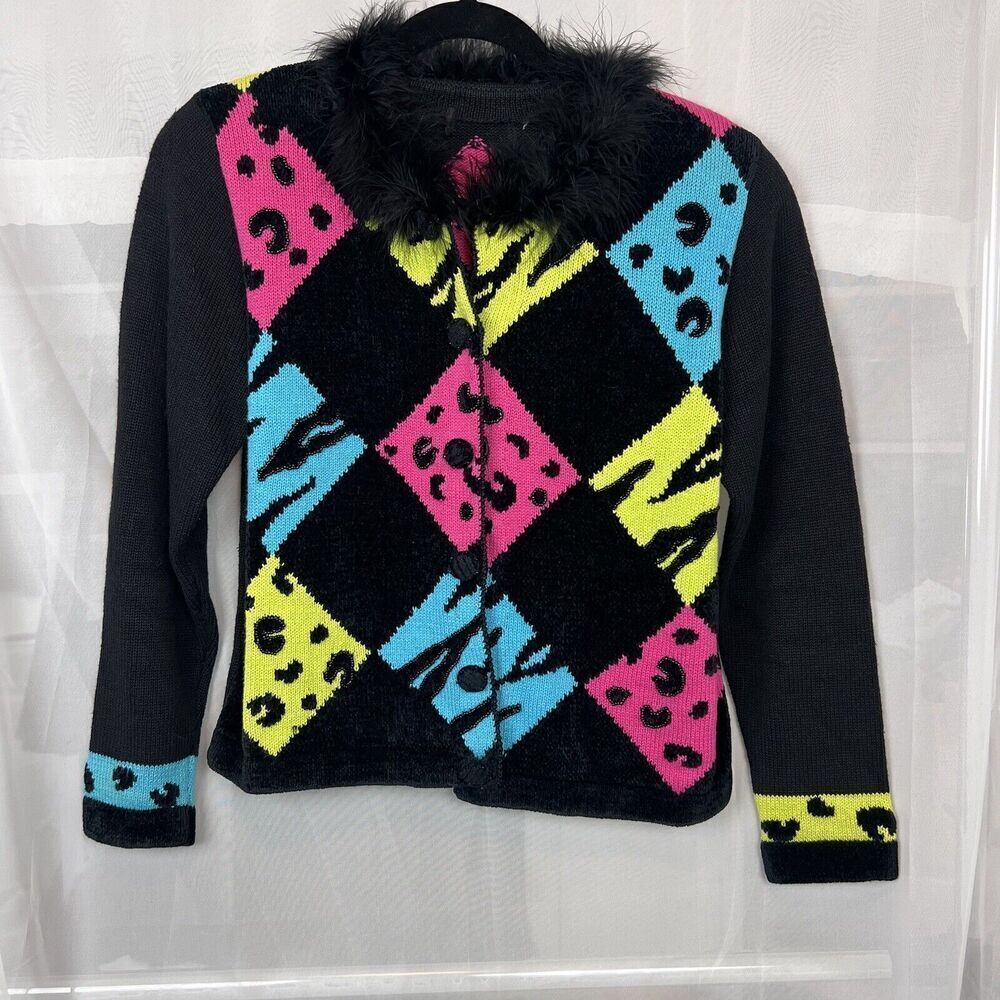 vintage 90s feather trim beaded animal print chenille cardigan Md y2k checker
